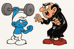 Prosím a obrázek Šmouly siláka a Gargamel a na bílém pozadi