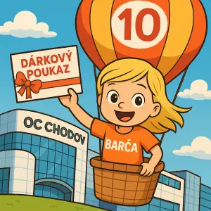 Holčička,blondýna letí balónem s nápisem 10 ,na tričku má nápis Barča v ruce drží dárkový poukaz,v pozadí je OC Chodov
