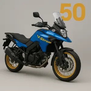 modrá motorka Suzuki v strom se zlatými koly a číslice 50.Ponech tento obrázek, ale nahraď nápis na motorce - Suzuki