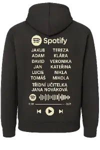 Vytvoř potisk na záda mikiny, bude to mít Spotify potisk kde budou jména naše, třídní učitelka a ředitel