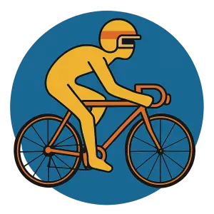 An abtract yellow figure on a racing bike wearing a 70s racing helmet. Completely within a blue circle. No background