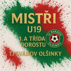 ZLATÝM PÍSMEM MISTŘI , U19, 1.A třida dorostu, TJ SVÁDOV OLŠINKY, BARVY KLUBU JSOU zelená bílá červena, stříkance po čep