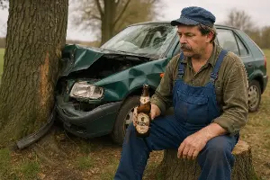 Automechanik se vyboural ve felicii. Narval to do stromu a teď sedí na pařezu a pije u toho postřižiny
