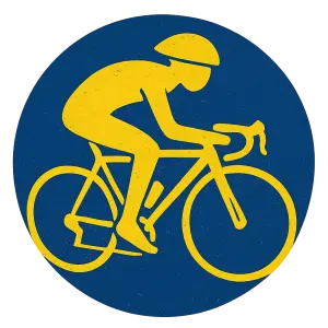 An abtract yellow figure, riding a racing bike helmet. Completely within a blue circle. No background