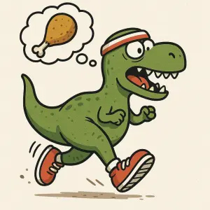 Vytvoř vtipného dinosaura, který běží má na sobě běžecké boty a čelenku a přitom myslí na jídlo, má mít 2 nohy