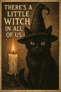 Černá kočka, čarodějnický styl, v pozadí hořící svíčka. Text: There's a little witch in all of us