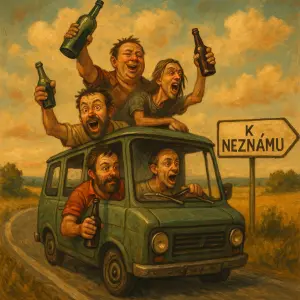 vytvor mi obrazek ktery spojuje partu alkoholiku jedouci do neznama za cílem se totalně ožrat