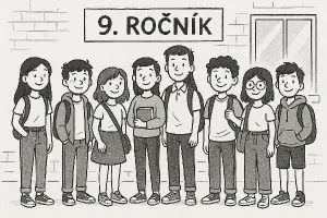 Děti končící 9. Rocník skoly černobíle a děti jen nakreslené postavy