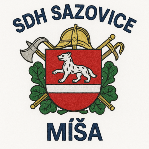 Nápis SDH Sazovice znak SDH Sazovice - dopředu doprostřed a dozadu nahoru Text Míša