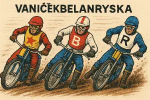 Tři plochodrážníci. Nad obrázkem napsáno : VaníčekBelanRyska