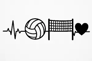 EKG navazuje volejbalovy mic, volejbalova sit a srdce, vse cernobile,