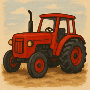vytvoř kreslený a jednoduše malovaný červený traktor