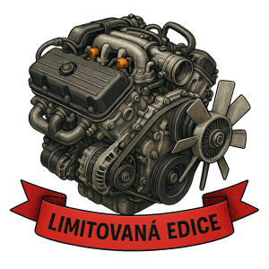 obrázek motoru, co byl na prvním obrázku na průhledném pozadíLIMITOVANÁ EDICE na červené stuze s konci - text černě
