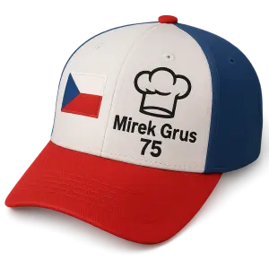 Kšiltovka v národních barvách s českou vlajkou , symbol kuchaře a nápisem Mirek Grus 75