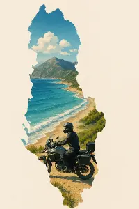 Obrys mapy Albánie a v ní motorkáři na Albánském pobřeží. 2026.