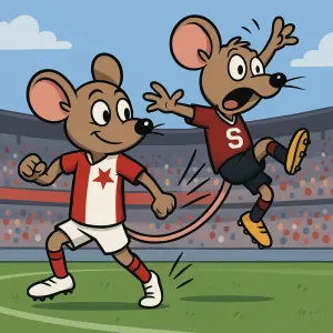 Myš v dresu slavia nakopla myš do zadku v dresu sparta , myš v dresu sparta leti pres stadion