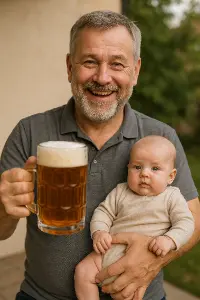 Muž 50 let, čerstvě dědeček a má rád pivo