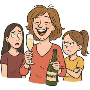 Vtipný obrázek matky dvou dcer (jedné dospělé jedné 11 leté) pijící prosecco. Bez pozadí