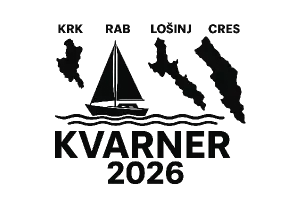 Ostrovy Krk, Rab, Lošinj, Cres. V popředí plachetnice a nápis Kvarner 2026. Bez pozadí jen v cernobílých byrvách