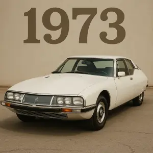 orezany obrazek citroen sm, bílý, americký, v pozadí datum 1973