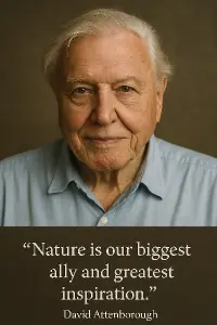 Vygeneruj fotku Davida Attenborougha a pod něj napiš jeho slavný citát "Nature is our biggest ally and greatest inspirat