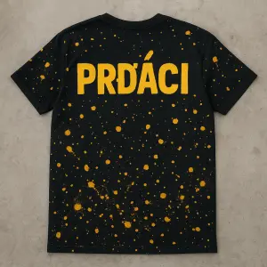 Ahoj chtěl bych čeřme tričko se žluto oranžovými cákanci přičemž na zádech je velký žlutý nadpis PRĎÁCI který je jakoby