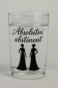 chci aby bylo na sklenici napsáno krasopisně Absolutní abstinent a pod nápisem dvě ženské siluety v dlouhých plesových š