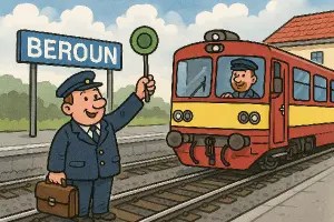 Karikatura vlak, nádraží Beroun, železnice, průvodčí