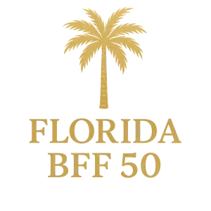 Malou palmu a za to pod sebe zlatým písmem FLORIDA BFF 50 bez žádného pozadí jen zlaté písmo a a palma