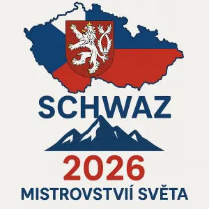 Česká republiky(modro červeně)pod velký státní znakSchwaz (modře), pod obrys hory, pod 2026 (červeně), mistrovství svet