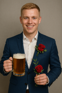 nakratko střiženy blond okr v modrem obleku s kytkou a pivem v ruce