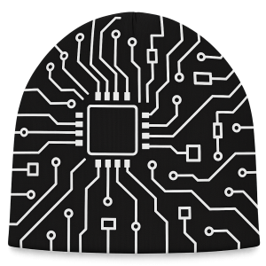 Minimalistický PCB (motherboard) vzor pro potisk elastanové čepice. Plochý 2D design bez stínování, vysoký kontrast.