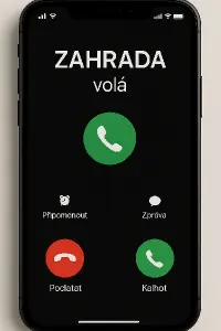 Obrazovka zvoniciho telefonu s napisem ZAHRADA volá