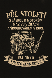 Nápis: Půl století s láskou k motorům, mazivu v žilách a šroubovákem v ruce. EST 1976 LIMITOVANÁ EDICE na stuze s konci