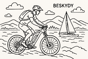 Obrys Akční cyklista na MTB elektro kole v pozadí Beskydy, vedle cyklisty jachta na moři. Vše obrys