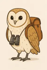 sova pálená s batohem na zádech a binokulárem kolem krku. Styl je animovaný, jednoduchý, ale zároveň realistický.