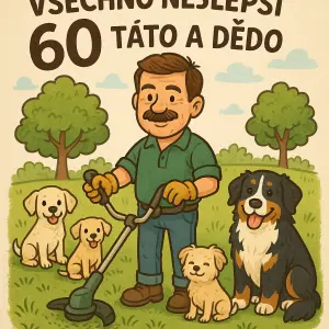 všechno nejlepší 60 táto a dědo kreslená postava hnědé vlasy a knír, údržba zeleně, 3 malý světlý psi a 1 bernský pes