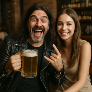 Rocker pije pivo je veselý kolem hezký slečny