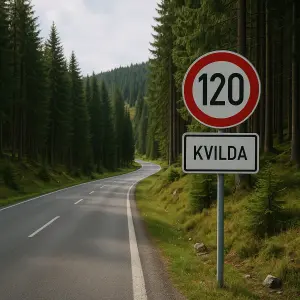grafika horská cesta v lese s dopravní značkou rychlosti 120 a pod ní doplňková cedule Kvilda