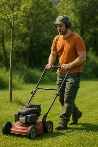 Sekání trávy. Člověk, který se zabývá sekáním trávy, například člověk se sekačkou nebo strunovou sekačkou.