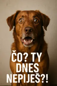 reálný překvapený pes s textem "Čo ? Ty dnes nepiješ ?!