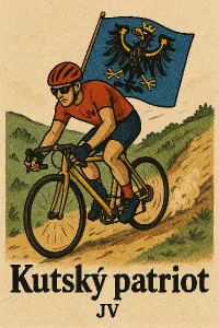 Cyklista jedoucí z kopce. Slezská orlice na vlajce. Iniciály JV.Nápis Kutský patriot.