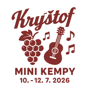 Logo Kryštof, hrozen vína, kytara a noty, Mini Kempy 10. - 12.7. 2026
