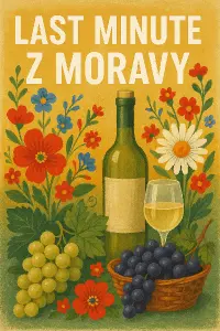 Obrazek s moravskou tématikou ne lidí pouze květiny víno atd text LAST MINUTE Z MORAVY