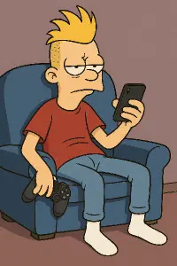 Znuděný teemager. se zájmem jen iphone, playstation, vysoký, bílé ponožky, číro, kreslená postava, animák.