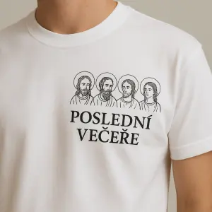 Na leve vrchní části trika,ja prsou,čtyři malé apoštoly a pod ne napis poslední večeře