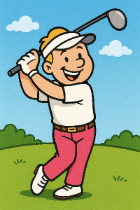 veselý kreslený golfista, postoj v dokončeném švihu, růžové kalhoty, bílé triko, světlé krátké vlasty, kšilt