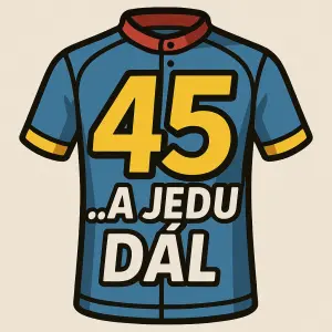 číslovka "45" a pod ní text ".. a jedu dál", styl cyklodresu v cartoon stylu.