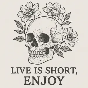 Lebka s kytkama za lebkou, detaily, sedou barvou, jednoducha, jen linky a text live is short enjoy