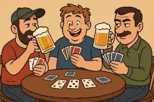 Tři animovaní chlapi jak pijí pivo a hrajou karty